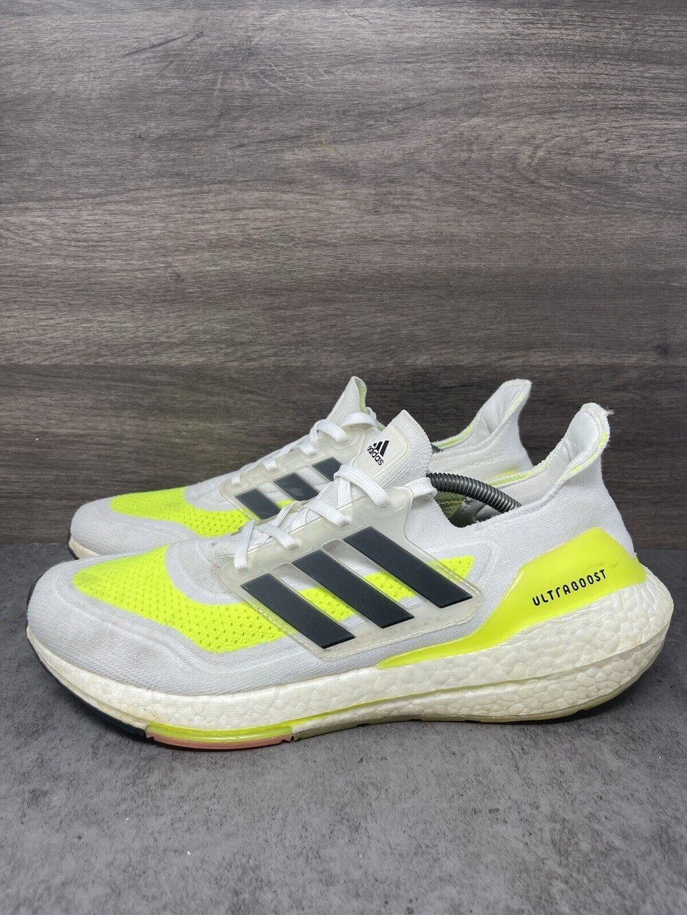 adidas Ultraboost 21 Mens Size 12 White Solar Yellow Boost Running FY0377